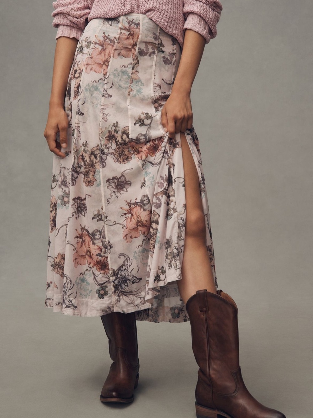 BOGO! Anthropologie Pilcro Mesh Seamed Midi Skirt French Neutral Floral Small